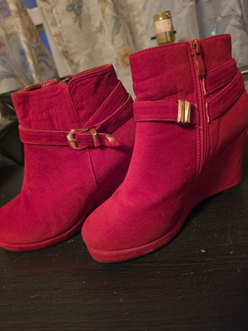 Forever Link Red Wedge Ankle Boots with Gold Buckle Accent